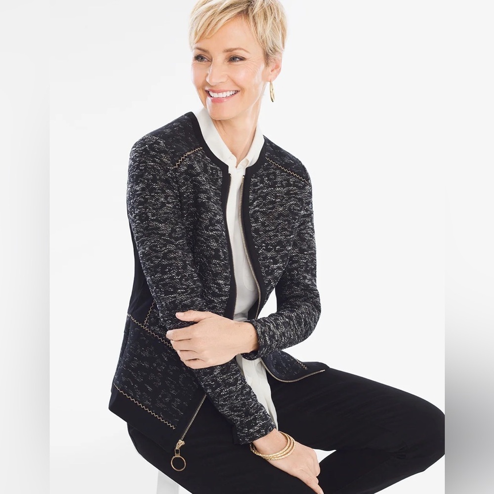 Chico's Black & Gray Woven Zip-Front Blazer